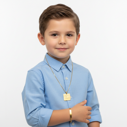 Pack Cadena con Placa Cuadrado y Pulsera Gold.