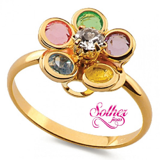 Anillo  Flor Multicolor Circonitas Gold