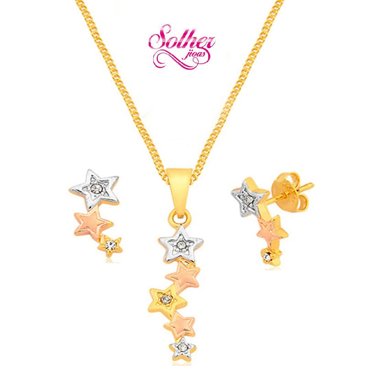 Conjunto Estrella En Tres Gold Con Circonitas.
