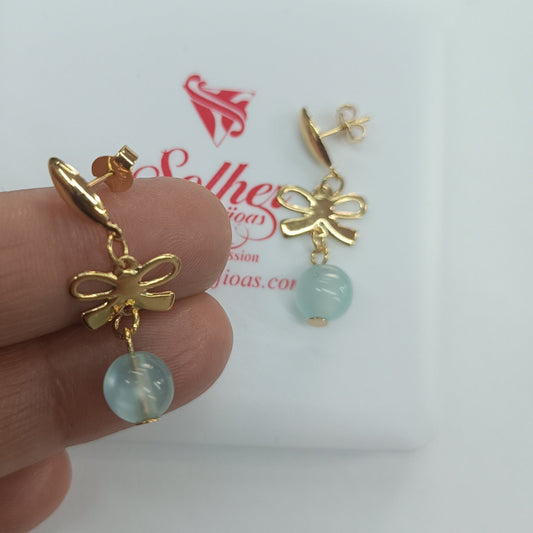 Pendientes  lazos🎀 con Aletorio piedra Aguamarina Gold.